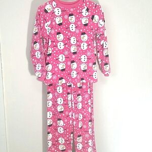 Girls Pajamas fleece Snowman print pink white pj's 2 pieces matching EUC sz 10